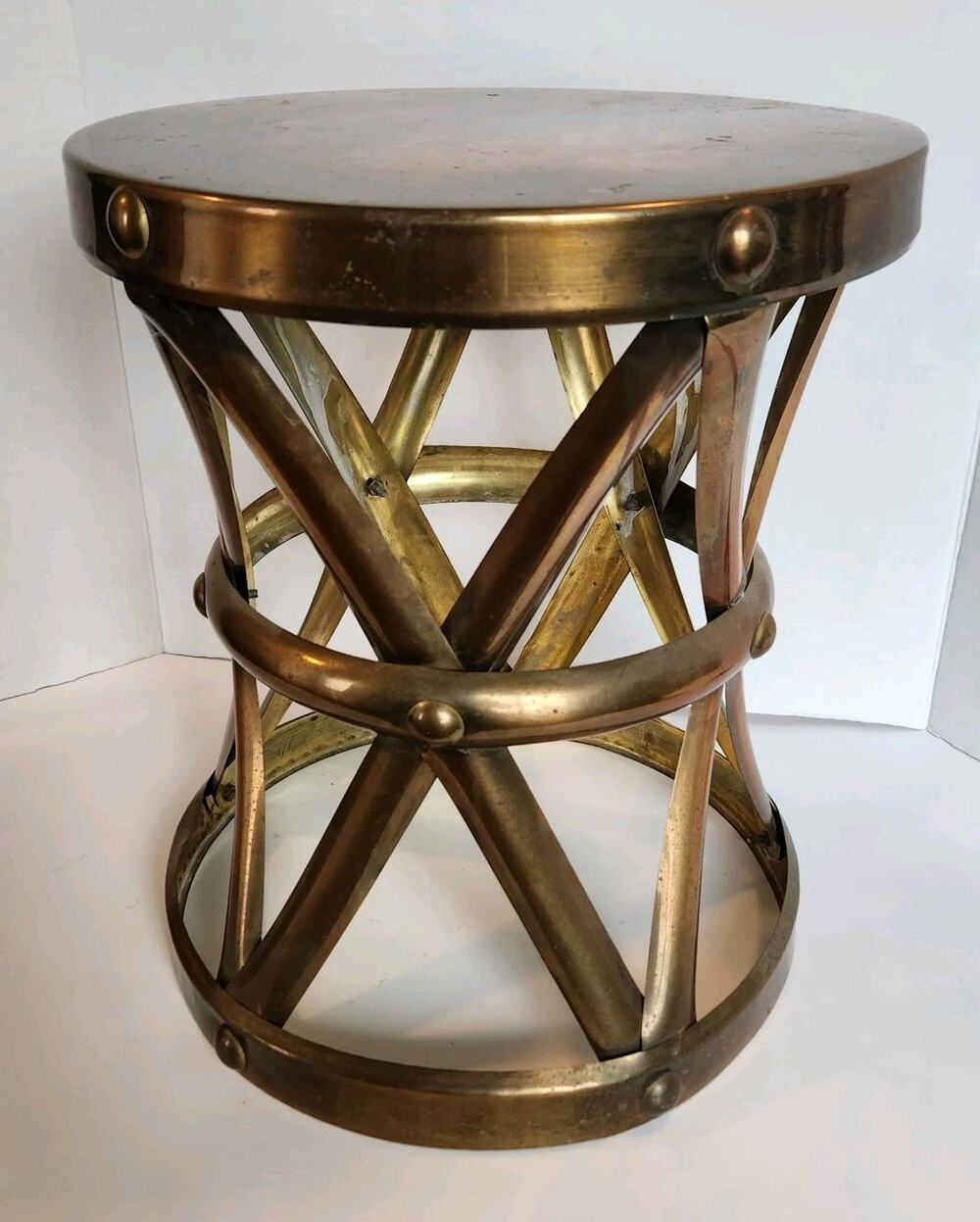 Vtg 50s Hollywood Regency Brass Drum Table ~ Tabouret Stool MCM Hourglass